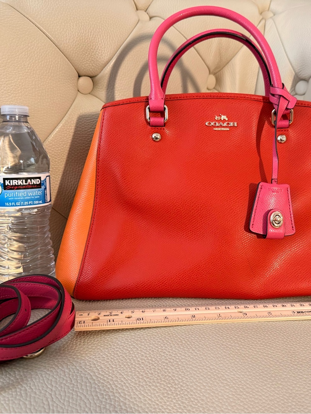 Authentic Coach orange Pink Leather Satchel Handbag with Strap big capacity
